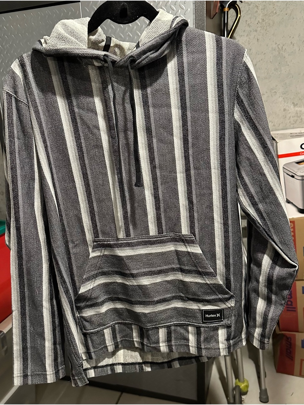 Hurley Men’s Black & White Striped Pullover Hoodie